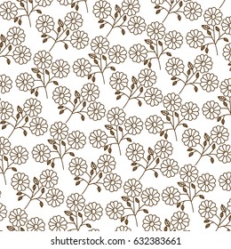brown silhouette pattern of daisy flowers with stem and leaves vector illustration