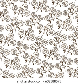brown silhouette pattern of daisy flowers with stem and leaves vector illustration