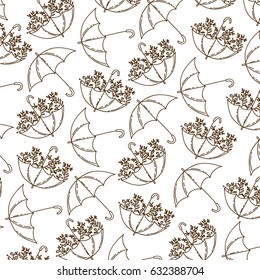 brown silhouette pattern of umbrellas with plants vector illustration