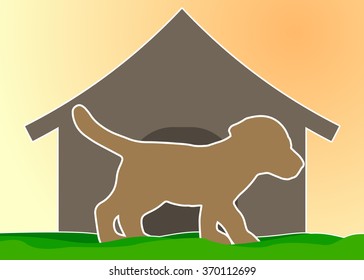 Brown silhouette of a puppy standing on the grass in the background doghouse