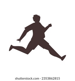 Silueta marrón de estilo plano de niño corriendo, ilustración vectorial aislada en fondo blanco. Salud y deporte, elemento de diseño decorativo, carácter móvil