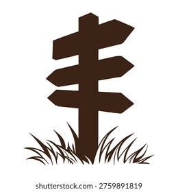 Brown Silhouette of Rustic Three Way Directional Signpost with Grass for Wayfinding and Nature Trail Design Assets
