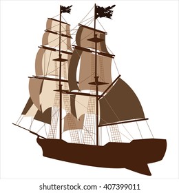 brown silhouette of sailing ship on white background vector