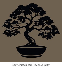 Silueta marrón de un árbol sobre un fondo beige claro. Bonsái japonés, una planta tradicional. Planta en maceta, decoraciones de jardín.