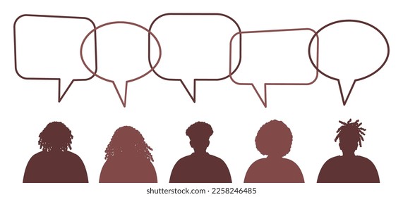 Brown silhouettes of black men and black women. Community of black people. Communication of men and women. People icons with speech bubbles. Vector illustration.