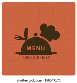 brown silhouettes of dish, knife, fork and a hat with some text for menu