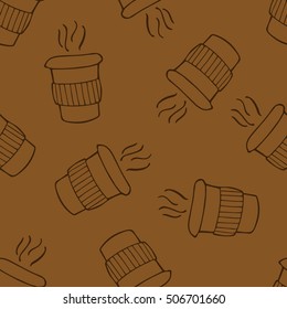 Brown silhouettes of paper coffee cups on light brown background. Seamless pattern. Vector illustration.