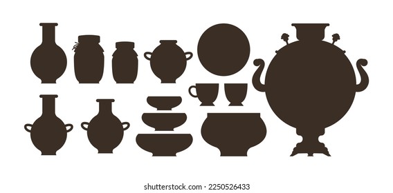 Brown silhouettes of vintage crockery vector illustrations set. Cartoon black or brown drawings of cups, jars, jugs and samovar on white background. Crockery, countryside, tableware concept