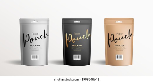 Brown, Silver and Black kraft paper pouch bags, front view packaging mock up collections design, on gray background Eps 10 vector illustration