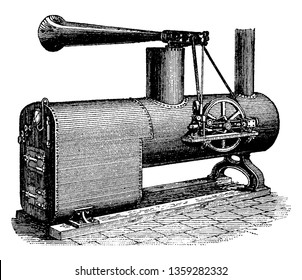 Brown Siren Foghorn used on board a vessel to sound a warning signal to other vessels in foggy weather, vintage line drawing or engraving illustration.