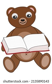 El oso de peluche marrón sentado leyendo un libro con una cubierta roja