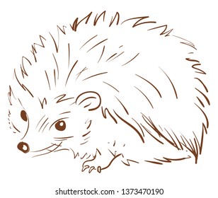 A brown sketch of a hedgehog animal with spines all over its circular-shaped body lies on the ground vector color drawing or illustration 