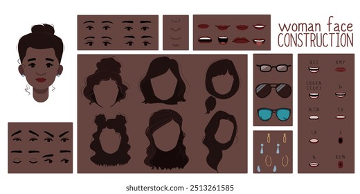 Pele marrom colorido construtor de rosto feminino, avatar da mulher criação de penteado, nariz, olhos, sobrancelhas e lábios. Conjunto de desenhos animados adequado para animação e fala de sincronização labial.	