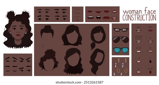 Brown skin colored female face constructor, avatar of woman character creation hairstyle, nose, eyes, eyebrows and lips. Cartoon set suitable for animation and lip sync speaking.	