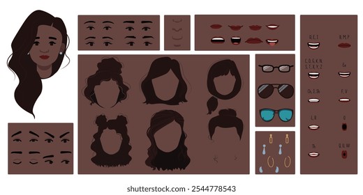 Brown skin colored female face constructor, avatar of woman character creation hairstyle, nose, eyes, eyebrows and lips. Cartoon set suitable for animation and lip sync speaking.	