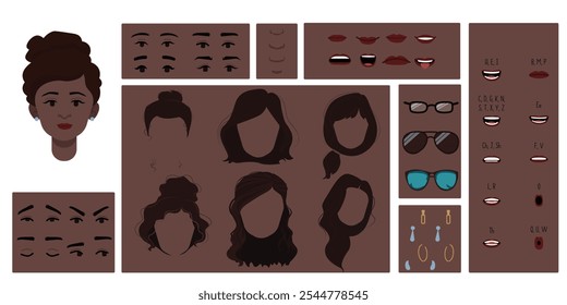 Brown skin colored female face constructor, avatar of woman character creation hairstyle, nose, eyes, eyebrows and lips. Cartoon set suitable for animation and lip sync speaking.	