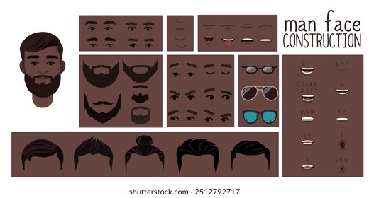 Constructor de cara de hombre de color de piel marrón, avatar de la creación de personajes masculinos peinado, nariz, ojos, cejas y labios. Conjunto de dibujos animados adecuado para animación y sincronización de labios hablando.