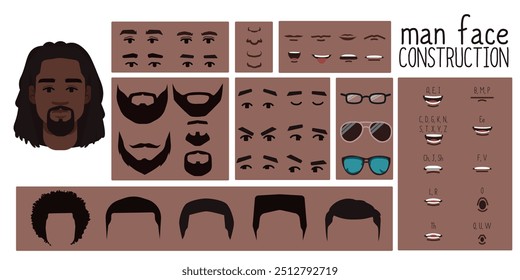 Constructor de cara de hombre de color de piel marrón, avatar de la creación de personajes masculinos peinado, nariz, ojos, cejas y labios. Conjunto de dibujos animados adecuado para animación y sincronización de labios hablando.