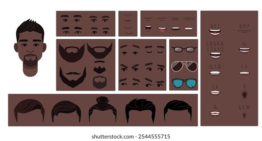 Brown skin colored man face constructor, avatar of male character creation hairstyle, nose, eyes, eyebrows and lips. Cartoon set suitable for animation and lip sync speaking.	