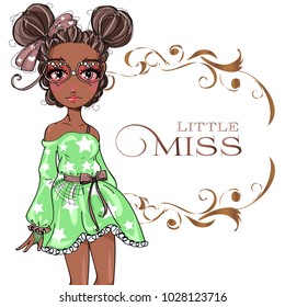 Brown skin tone cute fashion teen girl wearing green dress, little miss fashion girl with floral frame, cartoon character comics girl portrait, young woman vector illustration art