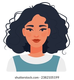 A brown skinned woman with curly hair in a dress. Portrait cartoon illustration.