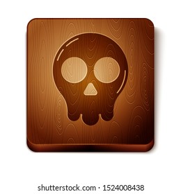 Brown Skull icon isolated on white background. Happy Halloween party. Wooden square button. Vector Illustration