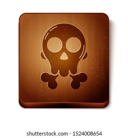 Brown Skull on crossbones icon isolated on white background. Happy Halloween party. Wooden square button. Vector Illustration