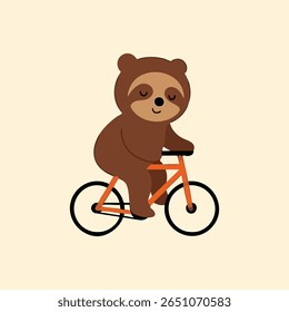 A brown sloth character sits on a bright orange bicycle.  The sloth has a peaceful expression and large, rounded features.  The bicycle is simple lines and shapes