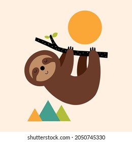 brown sloth on branch, orange sun, colorful triangle shape 