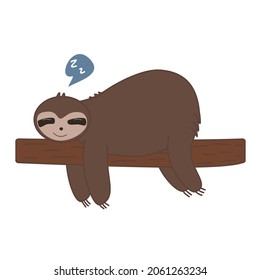 The brown sloth is sleeping on a branch and has a blue text box with the letter Z. Cute cartoon character hand drawn vector illustration.