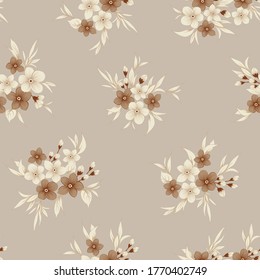 brown small vector flowers with leaves pattern on cream background
