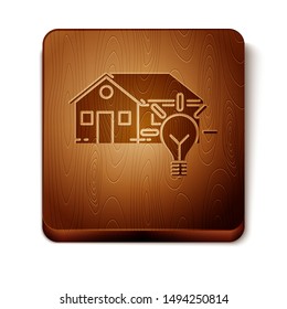 Brown Smart house and light bulb icon isolated on white background. Wooden square button. Vector Illustration