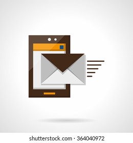 Brown smartphone with envelope moves out, sending a message app button. Mobile mail. Flat color style vector icon. Element for web design, business, mobile app.