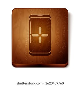 Brown Smartphone and playing in game icon isolated on white background. Mobile gaming concept. Wooden square button. Vector Illustration