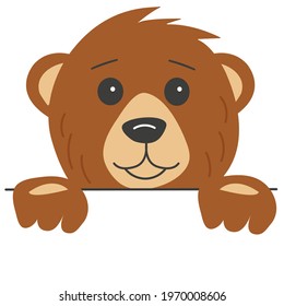 Brown smiling bear head with paws isolated on white background