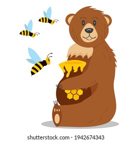 Brown smiling bear sits and holds a jug of honey in its paws, while bees fly around. Isolated on a white background