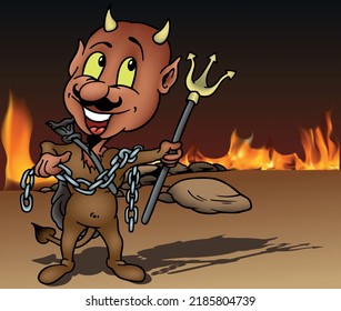 Brown Smiling Devil with Trident and Metallic Chain - Colored Cartoon Illustration with Background, Vector