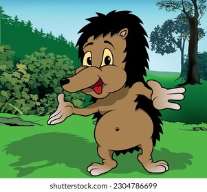 Brown Smiling Hedgehog with Open Arms - Colored Cartoon Illustration with Background, Vector