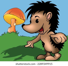 Brown Smiling Hedgehog Pointing with his Finger  - Colored Cartoon Illustration with Background, Vector