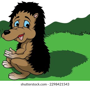 Brown Smiling Hedgehog Sitting on the Ground - Colored Cartoon Illustration with Background, Vector