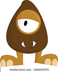 Monstruo sonriente marrón con un ojo y dos colmillos, vector, dibujo o ilustración de color. 