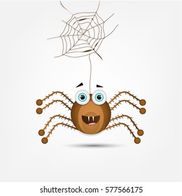 Brown smiling spider with simple spiderweb, isolated on white background