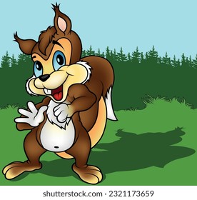 Baile de ardilla sonriente marrón en el suelo - Ilustración de dibujos animados de color con fondo, vector
