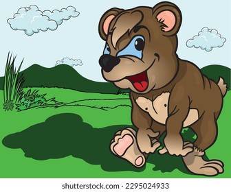 Brown Smiling Teddy Bear with Blue Eyes While Walking - Colored Cartoon Illustration with Background, Vector