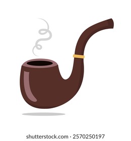 Brown smoking pipe with light smoke spiraling upward, simple graphic style, isolated on white. Concept of leisure and tradition