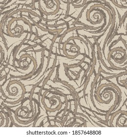Esquinas y espirales de líneas lisas marrones con bordes rotos en un vector de fondo beige sin soldadura.Pelo geométrico abstracto o lana