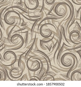 Esquinas y espirales de líneas suaves y marrones sobre un patrón sin fisuras del vector de fondo beige.Resumen de textura geométrica de agua salpica salpicado en colores pastel.