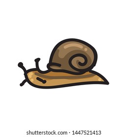 Brown snail cartoon vector illustration motif set. Hand drawn isolated garden creepy crawlie elements clipart for helix shell blog, slimy bug graphic, gastropod web buttons.