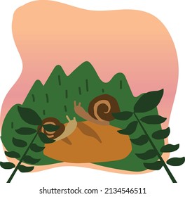 brown snail in the garden vector with sunset background
