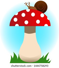 A brown snail on the top of a red mushroom with white round spots  vector graphic